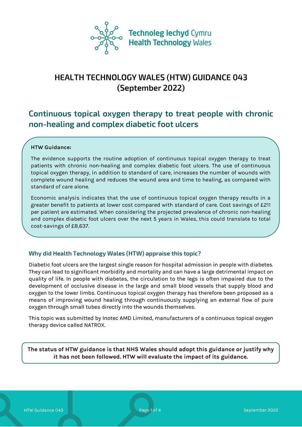 Image preview of PDF download. Displays the front page of the PDF: Health Technology Wales (HTW) Guidance Sep 2022
