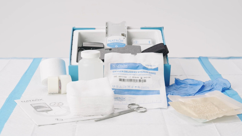 The supplies and setup for the NATROX® O₂ system for chronic wounds